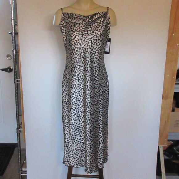 BEBE Satin Bias Cowl Neck Midi Dress Womens M Black White Silver Floral Slip NWT - Picture 1 of 14